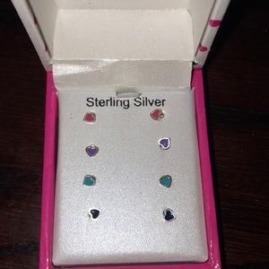 Sterling Silver FOUR pairs of small heart stud set earrings